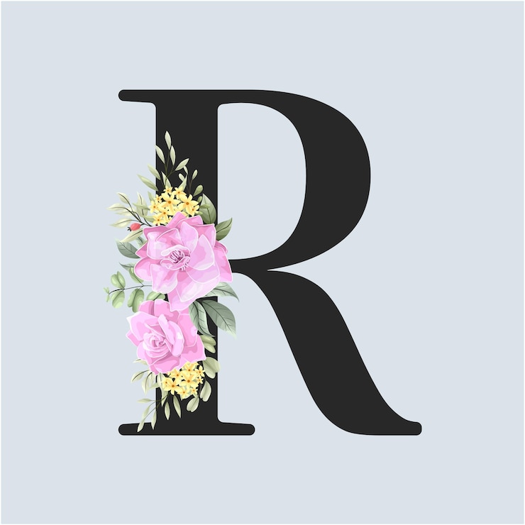 Vector alfabeto floral letras r con flores y hojas rosas
