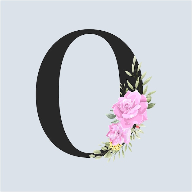 Alfabeto floral O letras con flores y hojas rosas