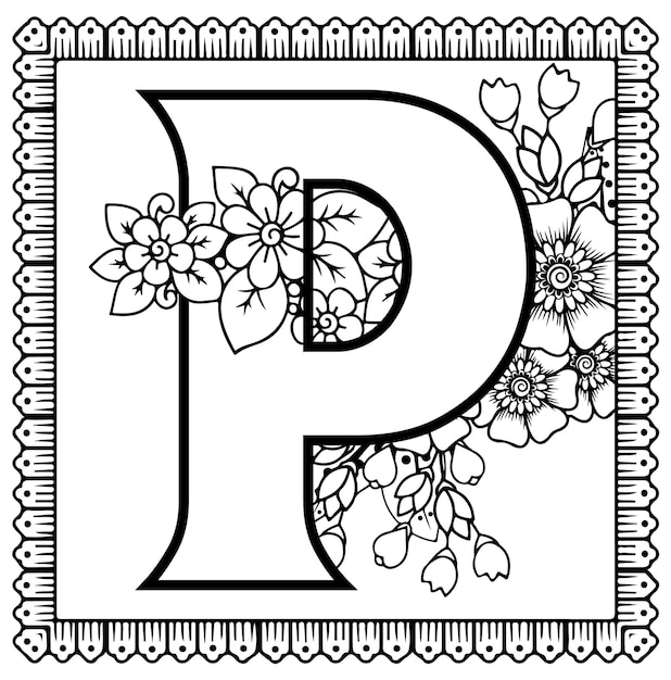 Alfabeto floral p letra para colorear página eps o vector