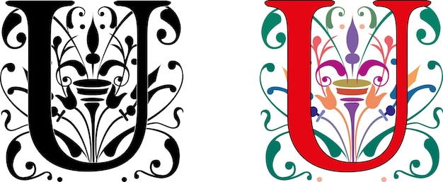 Alfabeto floral de la silueta de la letra mayúscula U. Renacimiento medieval. el elegante monograma inicial negro