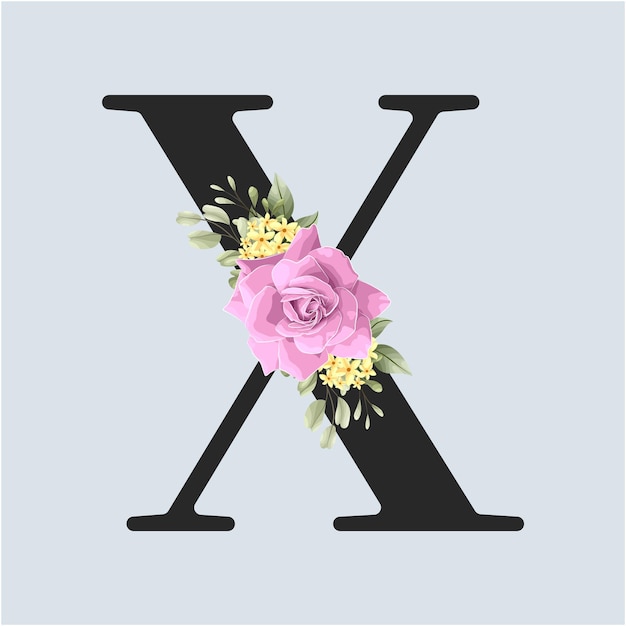 Alfabeto floral X letras con flores y hojas rosas
