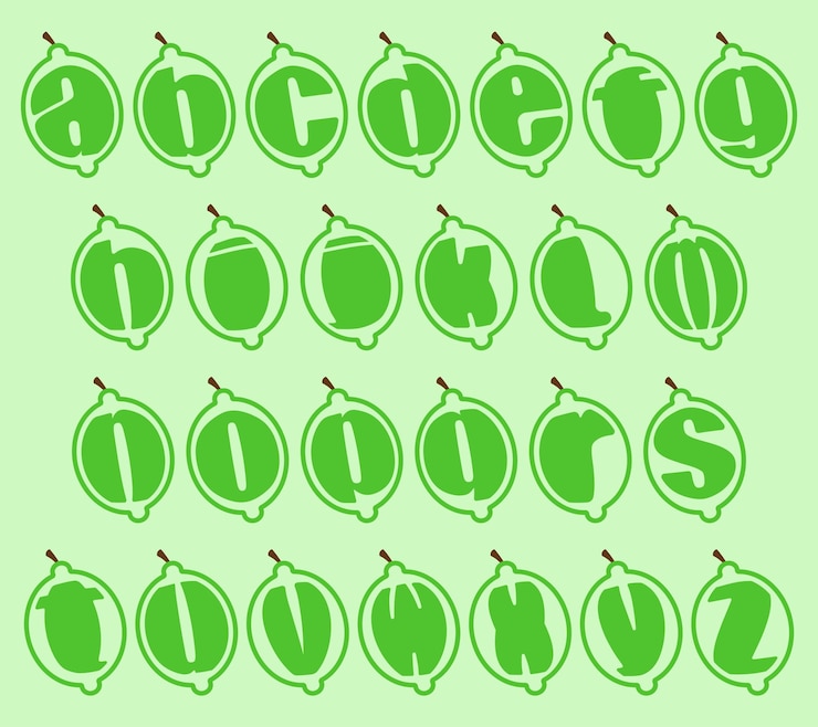 Vector alfabeto en formas de cal ilustración vectorial aislada en formas de cal letras del alfabeto inglés