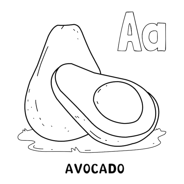 Alfabeto fruta aguacate para colorear con palabra dibujada a mano carta fruta dibujos animados