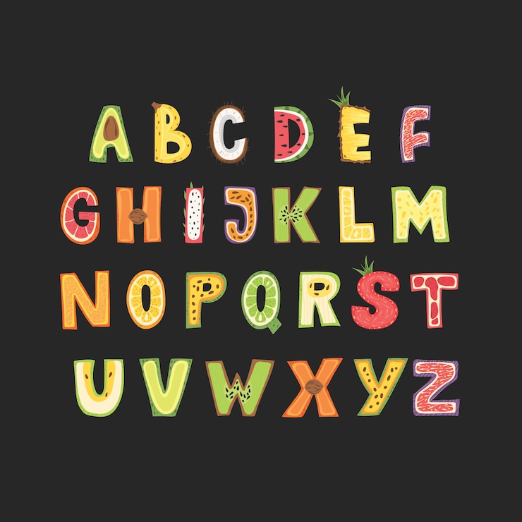 Vector alfabeto de frutas - diseño de letras. tipografía capital en estilo escandinavo.
