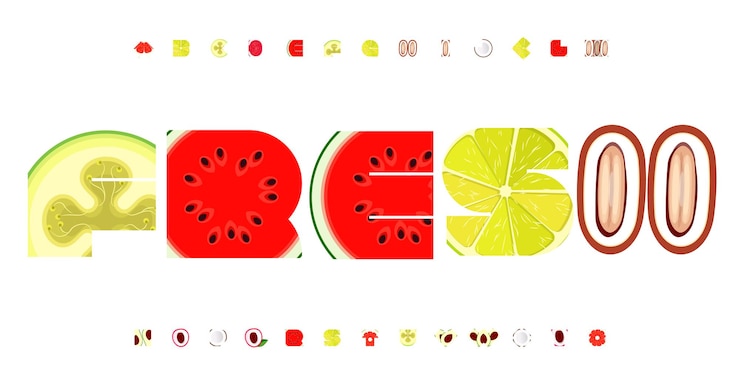 Vector alfabeto de frutas lúdico letras orgánicas jugosas fuente comestible fresca para niños embalaje titular sabroso