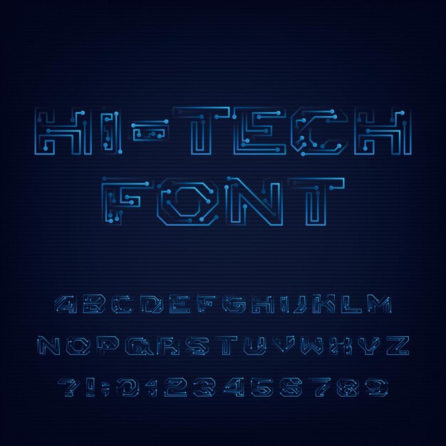 Alfabeto de fuente de alta tecnología Letras y números de estilo de alta tecnología digital Tipo de letra vectorial para su diseño