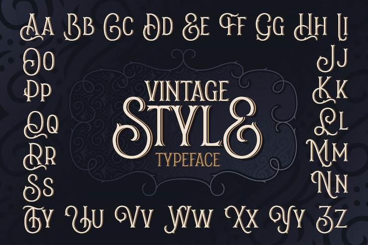 Vector alfabeto de fuente de estilo vintage con marco decorativo
