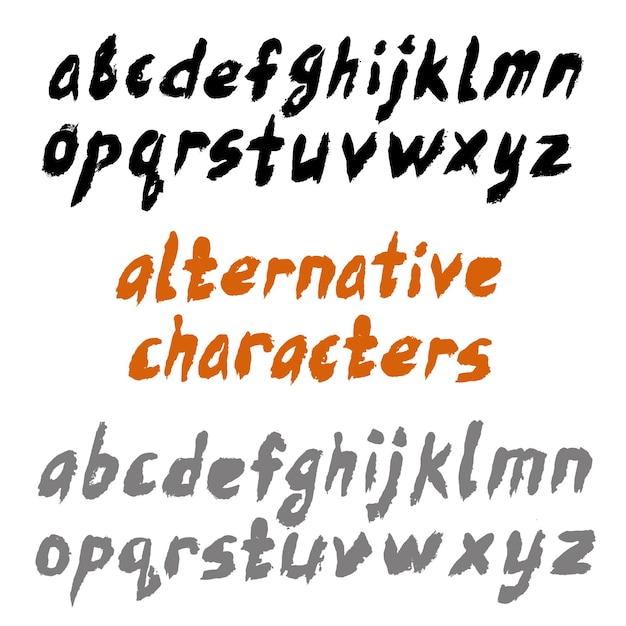 Alfabeto de fuente de pincel de trazos de pincel Textura de socorro ABC Elementos de diseño grunge Letras inglesas minúsculas Símbolos escritos a mano Vector tipo dibujado a mano con caracteres alternativos