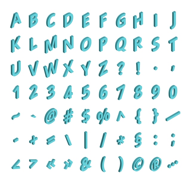 Alfabeto de fuentes isométricas aislado en el fondo Abc isométrico Números y símbolos de letras Tipografía tridimensional para titulares, carteles, etc.