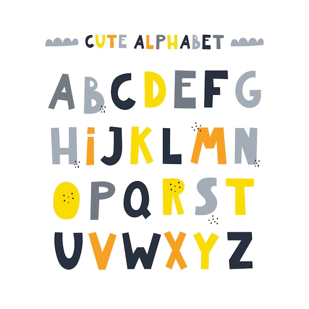 Alfabeto de garabatos para niños. Letras de colores brillantes, texto. Imprimir, fondo, inscripción.