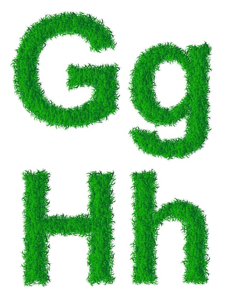 Alfabeto de hierba verde, letras grandes y pequeñas G, H