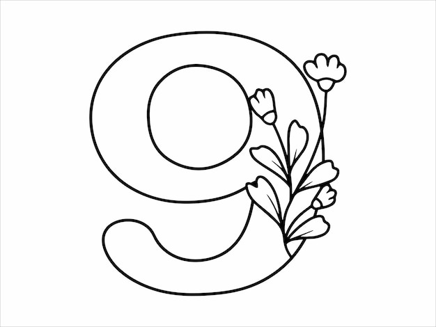 Alfabeto de hoja botánica Número 9 Ilustración