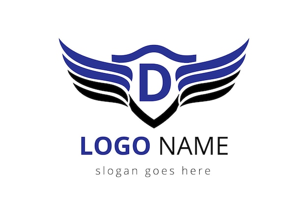Alfabeto inglés D con diseño de logotipo de alas Letrero de logotipo de transporte y concepto de alas