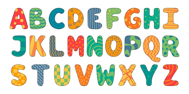 Alfabeto inglés de dibujos animados de vector. Una colección de letras latinas brillantes aisladas decoradas con patrones.