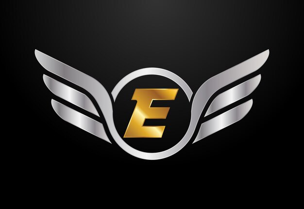 Alfabeto inglés E con diseño de logotipo de alas Concepto de logotipo de vector de automóvil y automóvil