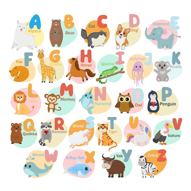 Alfabeto inglés con lindos animales aislados sobre fondo blanco. Ilustración vectorial para enseñar a los niños a aprender un idioma extranjero.