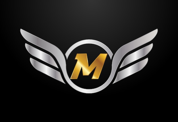 Alfabeto inglés M con diseño de logotipo de alas Concepto de logotipo de vector de automóvil y automóvil