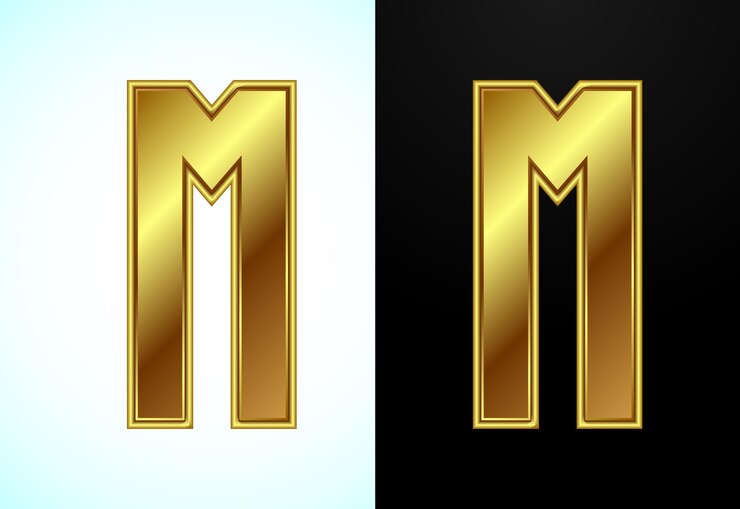 Vector alfabeto inglés m en estilo de color dorado símbolo alfabético gráfico para la identidad empresarial corporativa