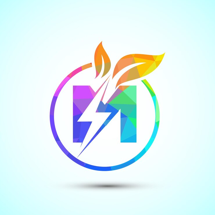 Vector alfabeto inglés m con rayo y hoja icono de ahorro de energía ecológica logotipo eléctrico de energía natural