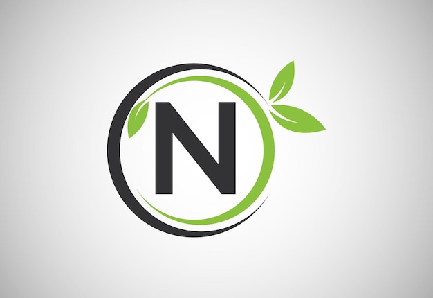 Alfabeto inglés N con hojas verdes Plantilla vectorial de diseño de logotipo ecológico orgánico