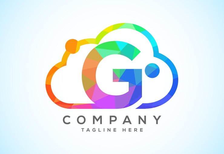 Vector alfabeto inglés con la nube logotipo del servicio de computación en la nube tecnología en la nube logotipo de estilo polivinílico bajo