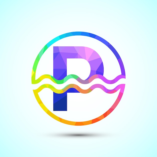 Alfabeto inglés P en un círculo con ondas de agua Diseño del logotipo de ondas de agua estilo low poly