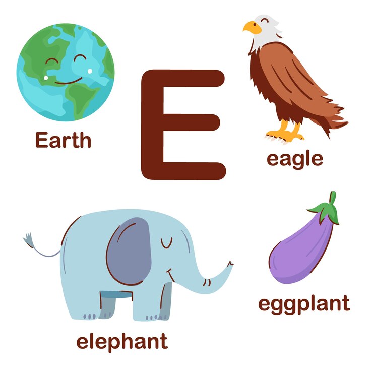 Vector alfabeto inglés preescolar letra e águila de la tierra elefante berenjena