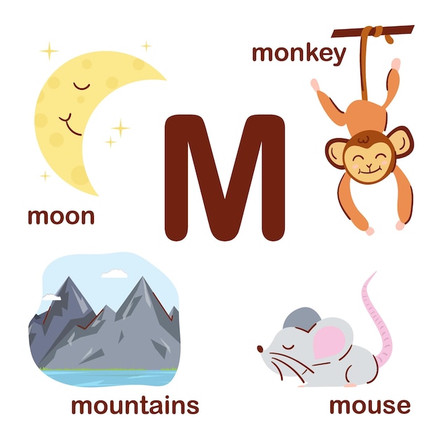 Alfabeto inglés preescolar Letra M Montañas de la luna Mono ratón Diseño del alfabeto