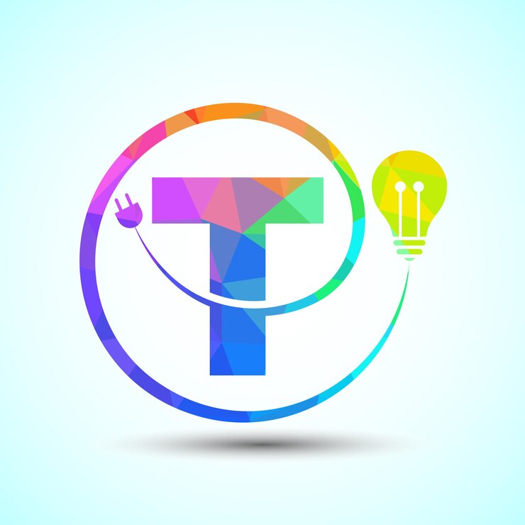 Vector alfabeto inglés t con bombilla eléctrica y enchufe logotipo de electricidad y tecnología de estilo low poly