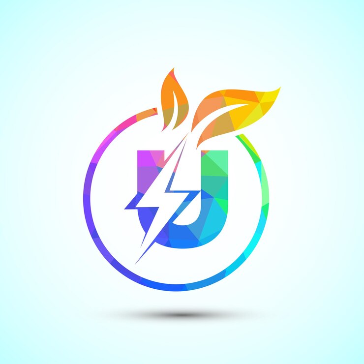 Vector alfabeto inglés u con rayo y hoja icono de ahorro de energía ecológica logotipo eléctrico de energía natural