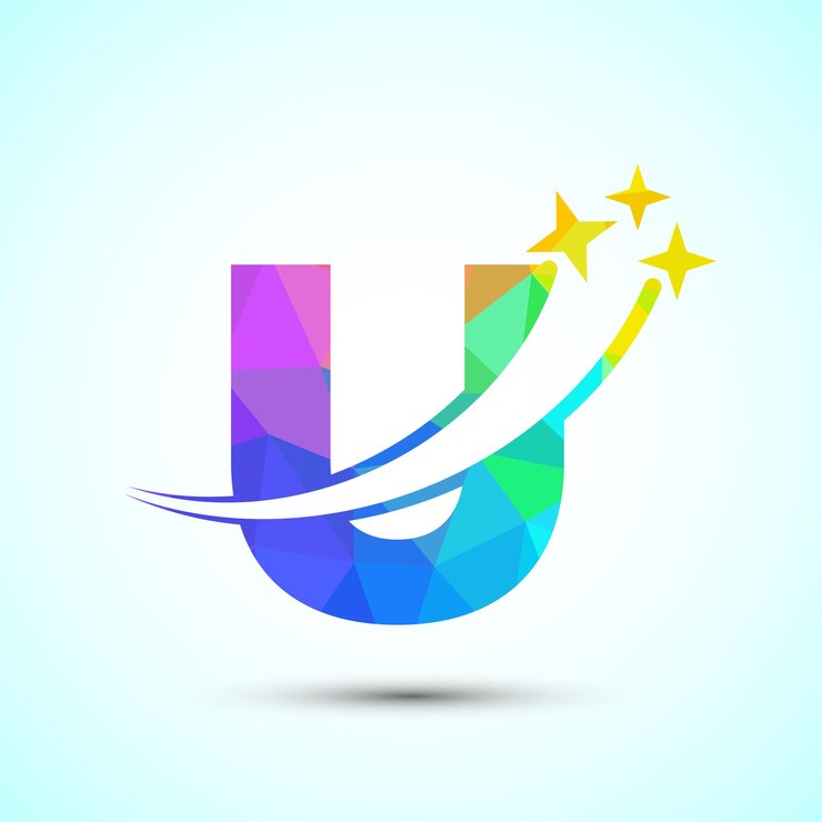 Vector alfabeto inglés u con swoosh y signo de estrella plantilla de diseño de logotipo de estrella fugaz de estilo low poly