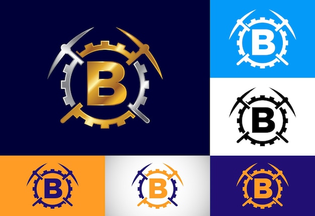 Alfabeto inicial de la letra del monograma B con piqueta y signo de engranaje Concepto de diseño del logotipo de minería Logotipo vectorial moderno para el negocio minero y la identidad de la empresa