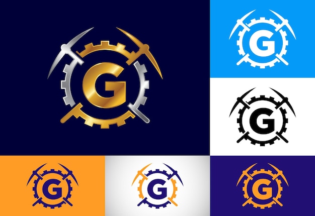 Alfabeto inicial de la letra del monograma g con piqueta y signo de engranaje concepto de diseño del logotipo de minería logotipo vectorial moderno para el negocio minero y la identidad de la empresa