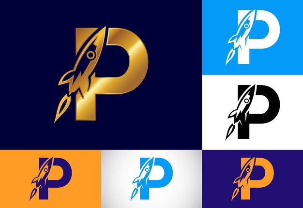 Alfabeto inicial de la letra del monograma P con un diseño de logotipo de cohete Icono de cohete Emblema de fuente Logotipo vectorial moderno para la identidad empresarial y de la empresa
