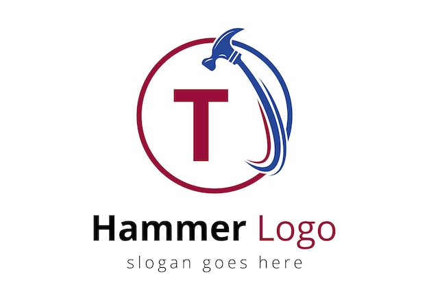 Alfabeto inicial de la letra T monograma con un concepto de logotipo de martillo para la compañía de carpintería de construcción