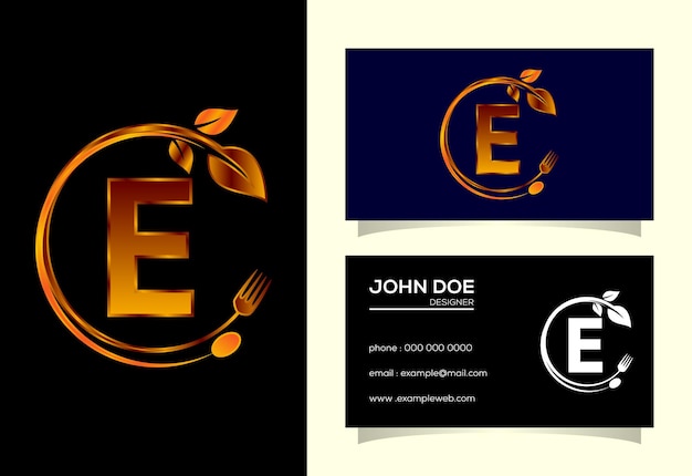 Alfabeto inicial del monograma e con una cuchara de tenedor y una hoja logotipo de alimentos naturales saludables logotipo para café