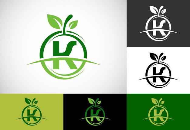 Alfabeto inicial del monograma k con el logotipo abstracto de la manzana vector de diseño del logotipo de alimentos saludables