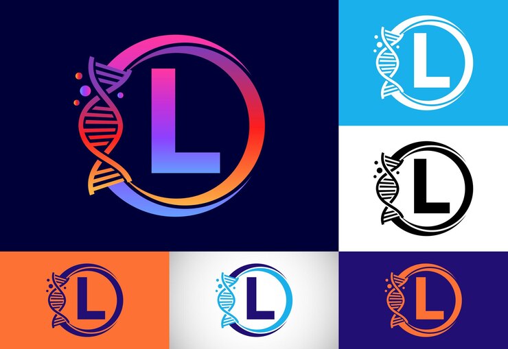 Vector alfabeto inicial del monograma l en un círculo con adn. concepto de diseño del logo de genética. logotipo para medicina, ciencia, laboratorio, negocios e identidad empresarial