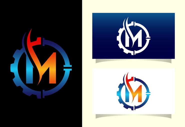 Vector alfabeto inicial del monograma m con tubo de engranaje y llama concepto de logotipo de petróleo y gas emblema de fuente