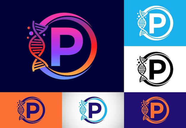 Alfabeto inicial del monograma p en un círculo con adn. concepto de diseño del logo de genética. logotipo para medicina, ciencia, laboratorio, negocios e identidad empresarial