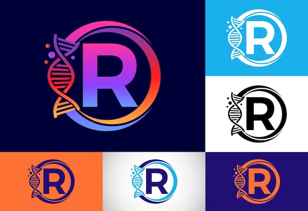 Alfabeto inicial del monograma r en un círculo con adn. concepto de diseño del logo de genética. logotipo para medicina, ciencia, laboratorio, negocios e identidad empresarial