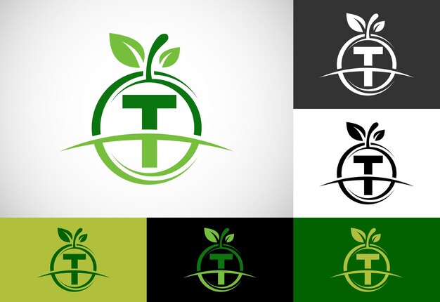 Alfabeto inicial del monograma T con el logotipo abstracto de la manzana Vector de diseño del logotipo de alimentos saludables