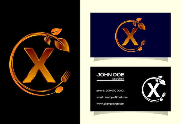 Alfabeto inicial del monograma x con una cuchara de tenedor y una hoja logotipo de alimentos naturales saludables logotipo para café