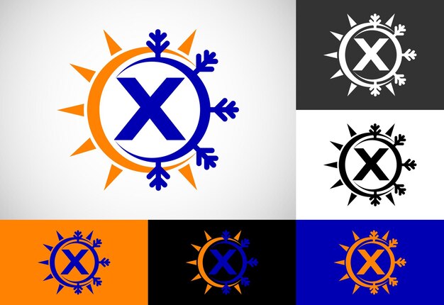 Alfabeto inicial del monograma x con sol y nieve abstractos símbolo del logotipo del acondicionador de aire
