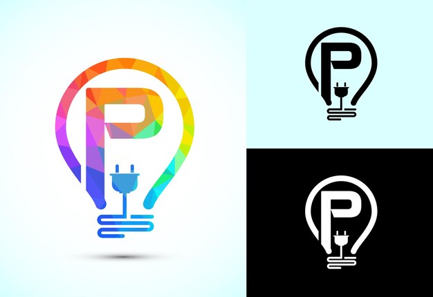 Alfabeto inicial P con una bombilla eléctrica y enchufe plantilla de diseño de logotipo de electricidad estilo low poly