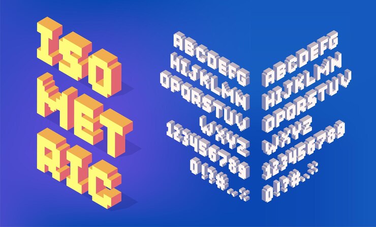 Vector alfabeto isométrico letras, números y símbolos de perspectiva 3d fuente geométrica moderna colección de tipografía decorativa conjunto aislado vectorial