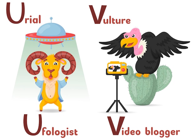 Vector alfabeto latino abc profesiones animales que comienzan con la letra u urial ufólogo y letra v buitre video blogger en estilo de dibujos animados