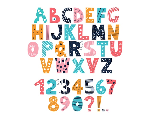 Alfabeto latino multicolor y números al estilo de garabatos Lindas letras mayúsculas inglesas brillantes