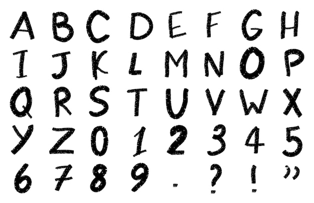 Alfabeto latino con números y signos Grunge dibujado a mano Letras de tiza