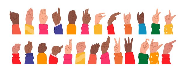 Alfabeto de la lengua de señas estadounidense Conjunto de manos en estilo de garabateo Ilustración vectorial de brazos humanos aislados para la educación de ASL Cartón de cartel folleto lienzo sitio web libros